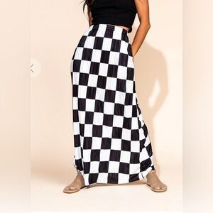 Dressed in LaLa Santorini Midi Plisse Skirt in Black + White Check NWT